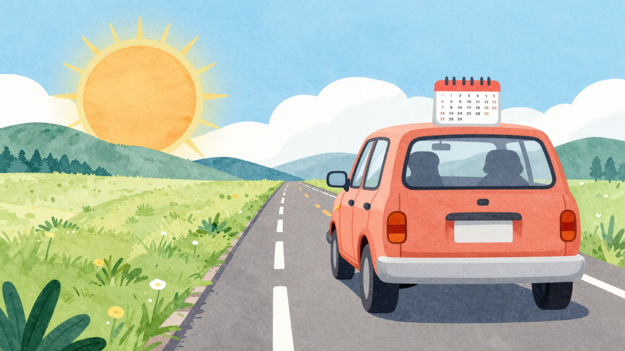 Watercolor style. A stylized illustration of a car traveling...