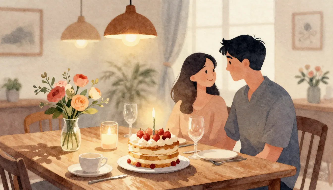 Watercolor style. A cozy dining table with a festive cake, f...