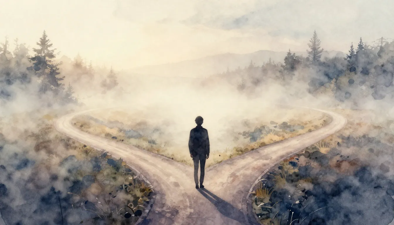 Watercolor style. A lonely silhouette of a person standing a...