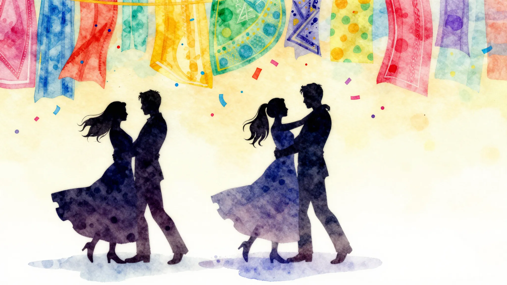 Watercolor style. Silhouettes of a couple dancing under a sh...