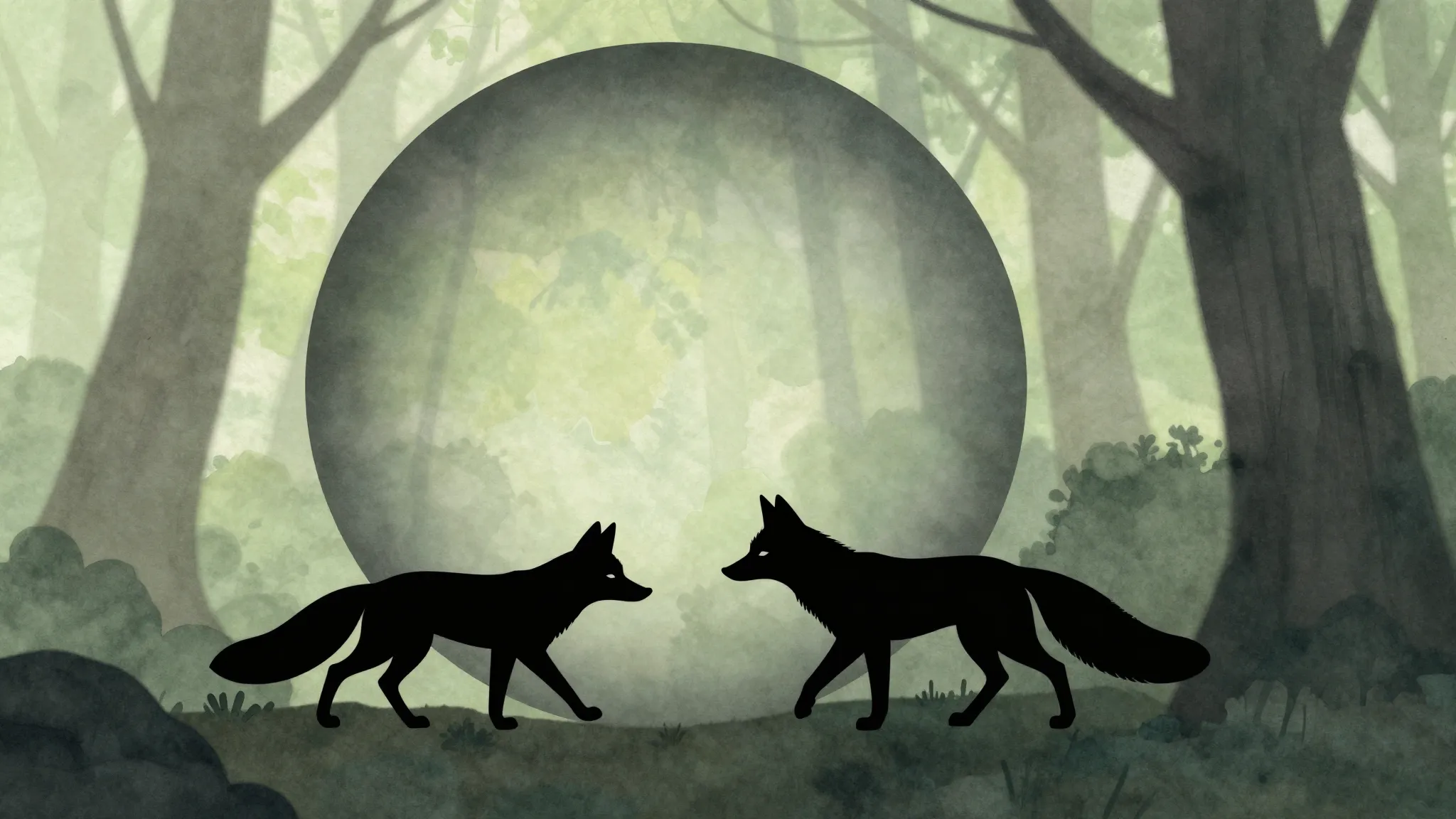 Watercolor style. Minimalist silhouette of a fox walking awa...
