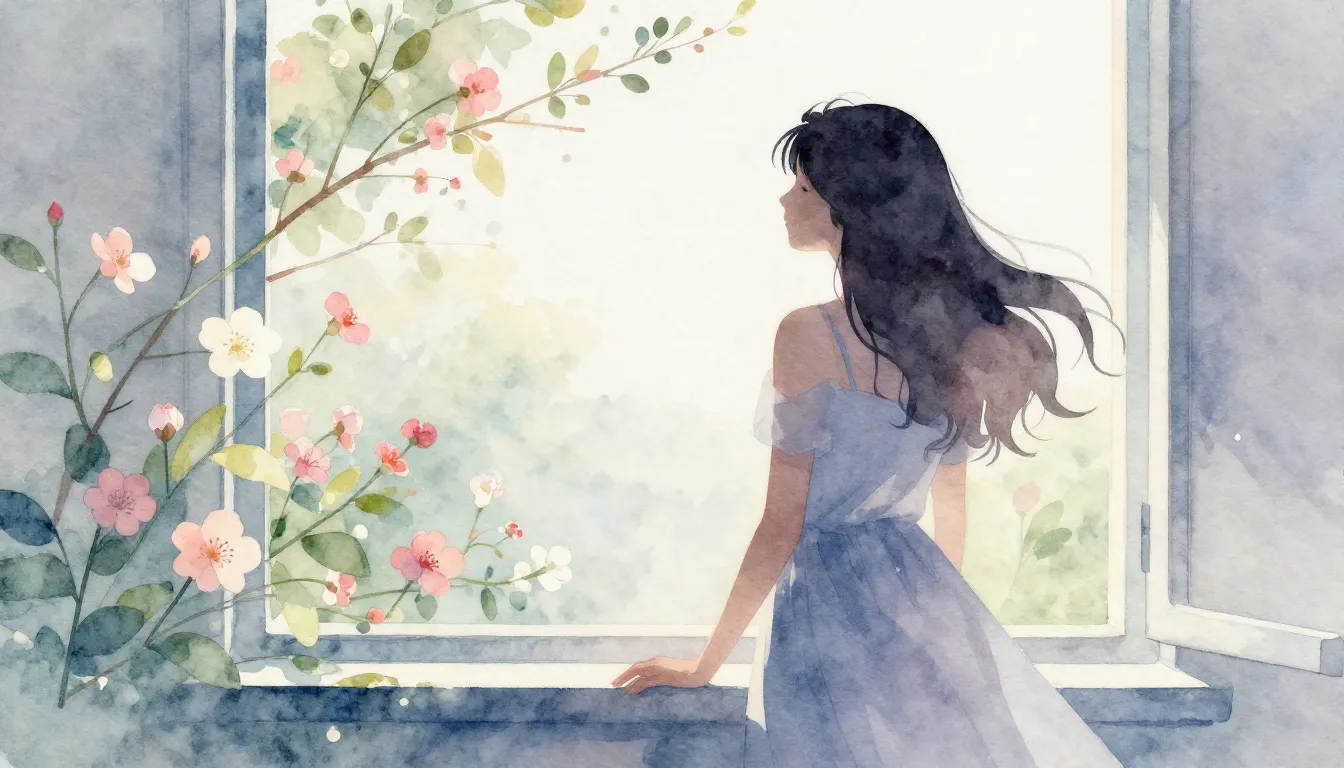 Watercolor style. A silhouette of a woman standing by a wind...