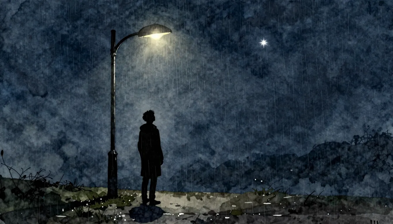 Watercolor style. A silhouette of a person standing under a ...