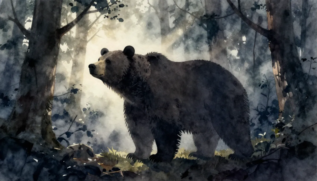 Watercolor style. A silhouette of a large bear standing in a...