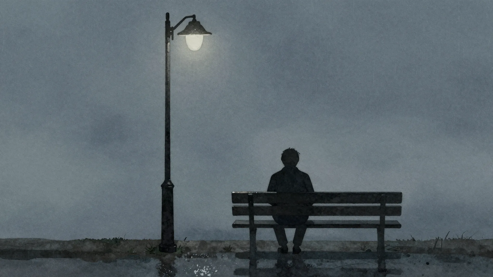 Watercolor style. A dark silhouette of a person sitting on a...