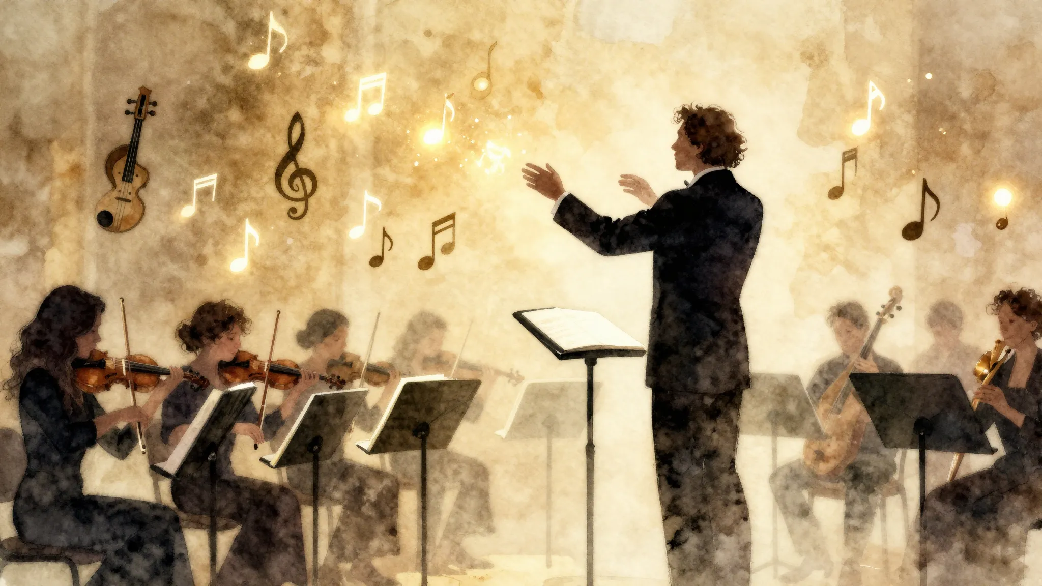 Watercolor style. A silhouette of a conductor leading a magi...