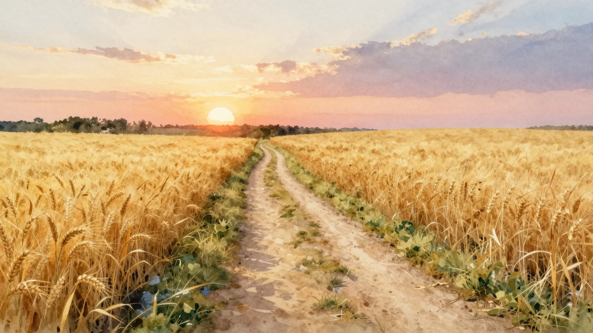 Watercolor style. A lonely path in a golden wheat field near...