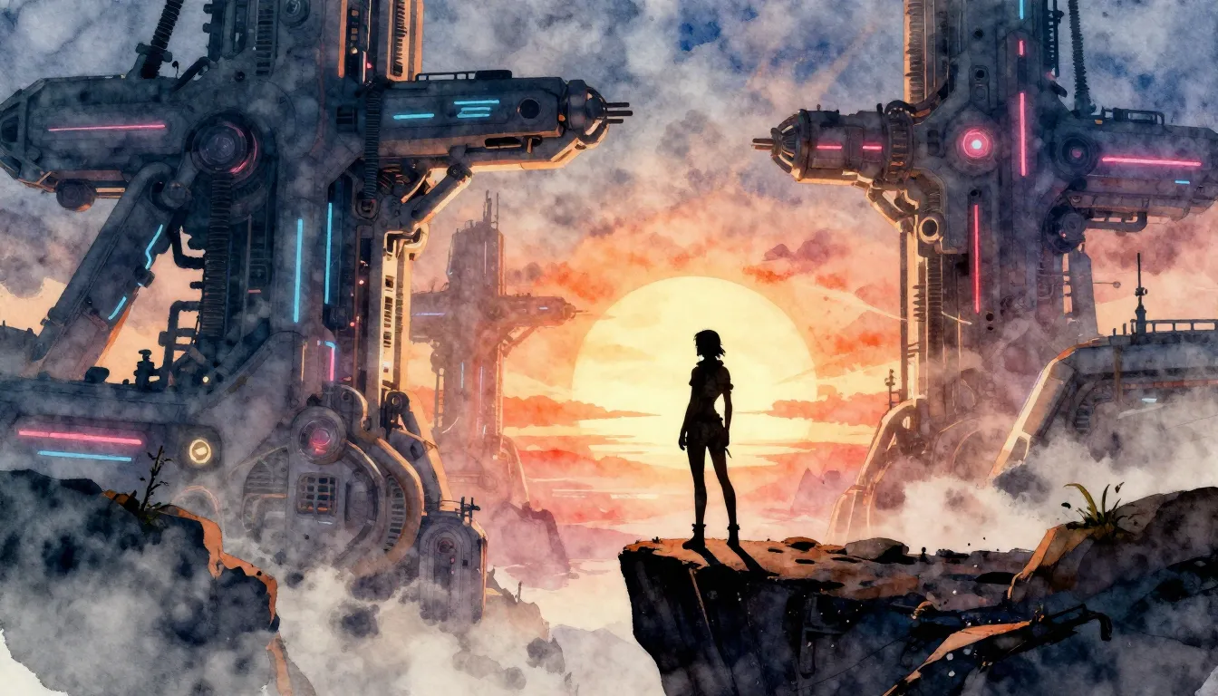 Watercolor style. Cinematic sci-fi landscape with giant mech...