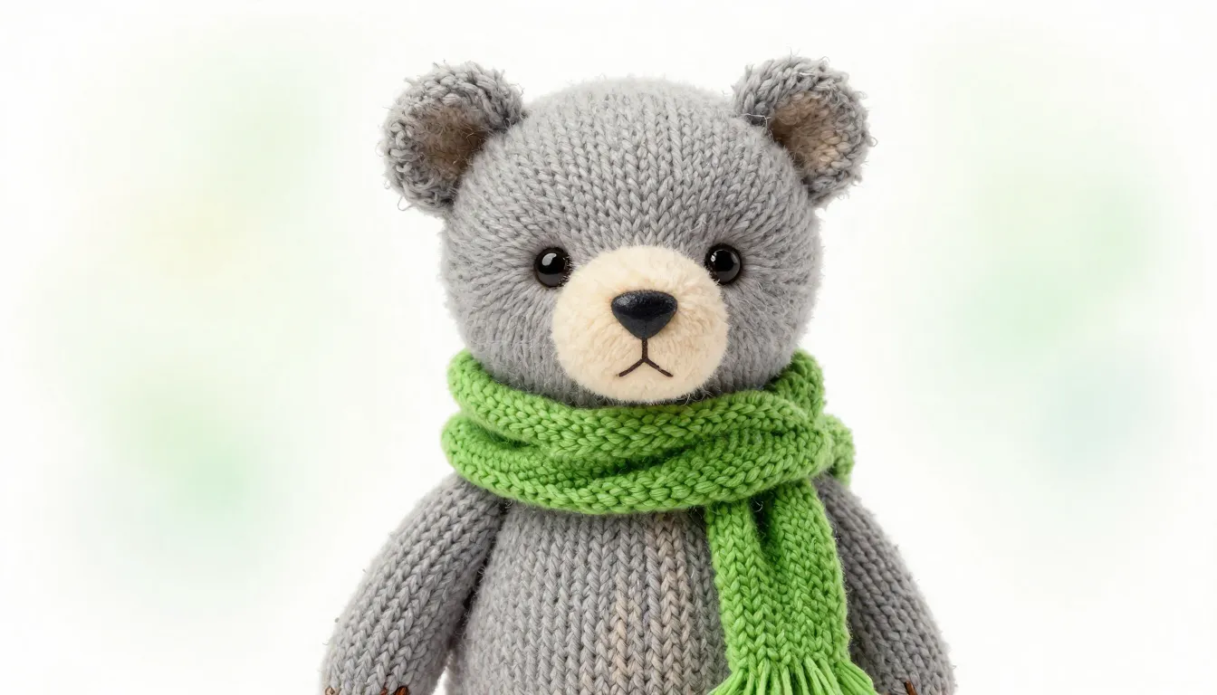 Watercolor style. A handmade gray plush bear wearing a brigh...