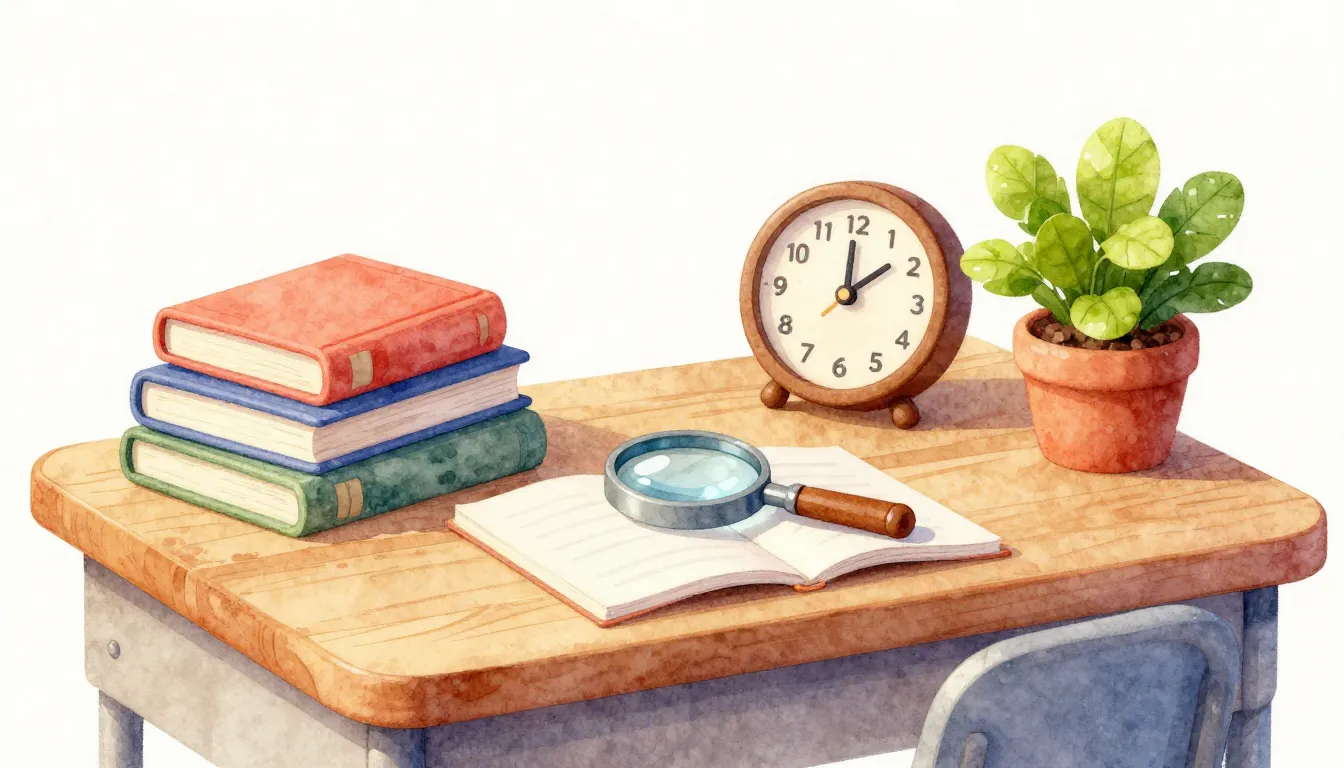 Watercolor style. A colorful wooden desk with a stack of boo...