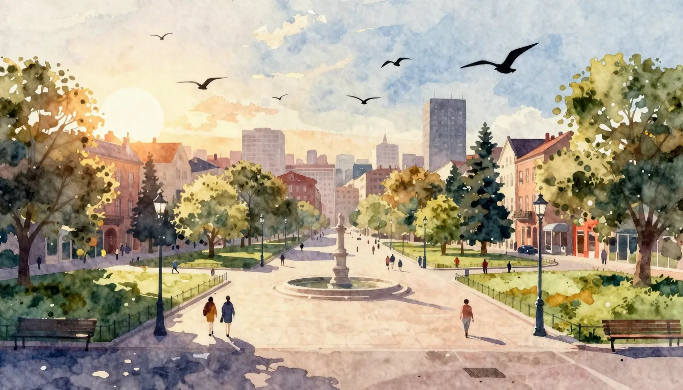 Watercolor style. A beautiful city park with a central squar...