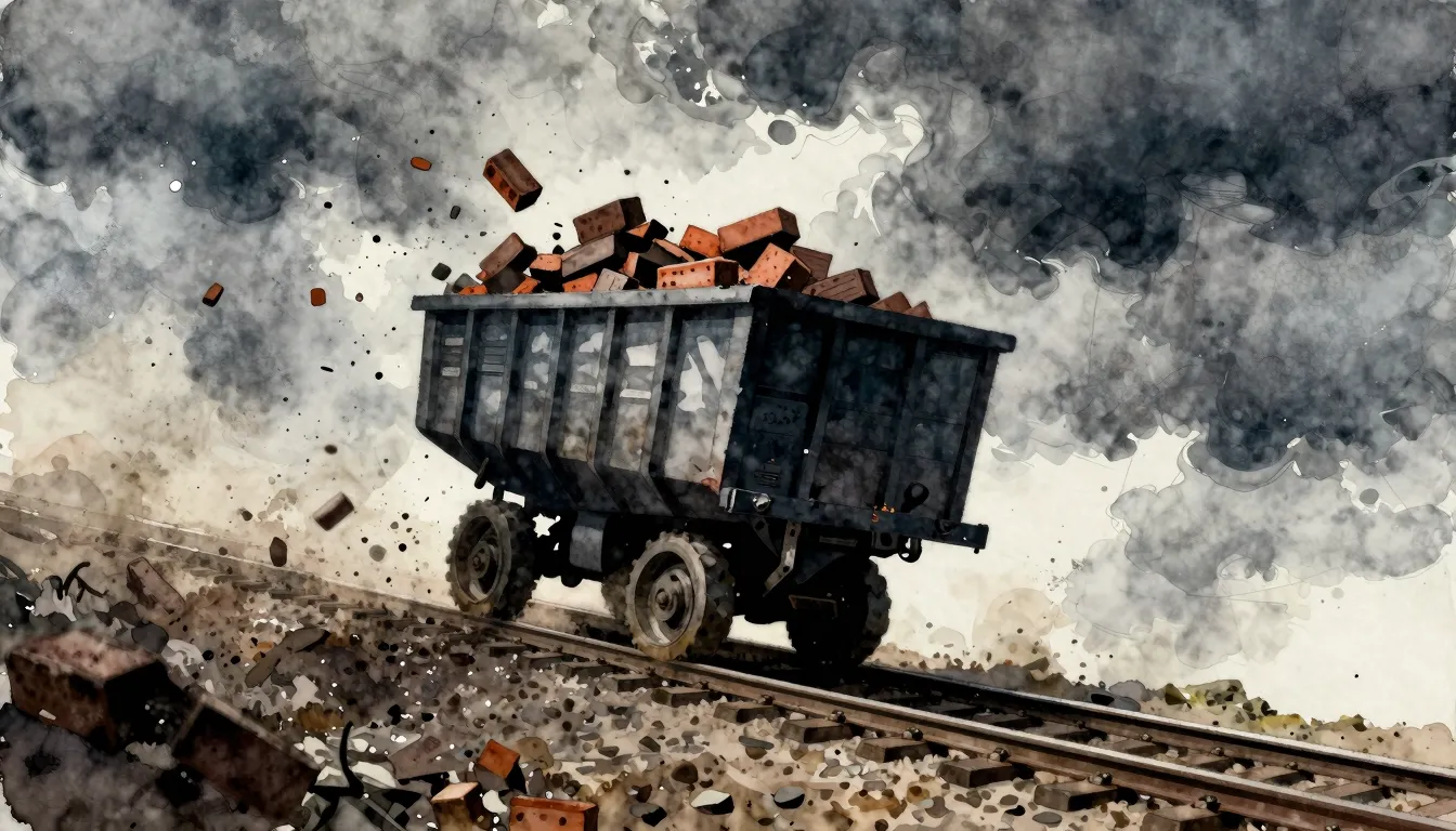 Watercolor style. A silhouette of a small, overloaded mining...