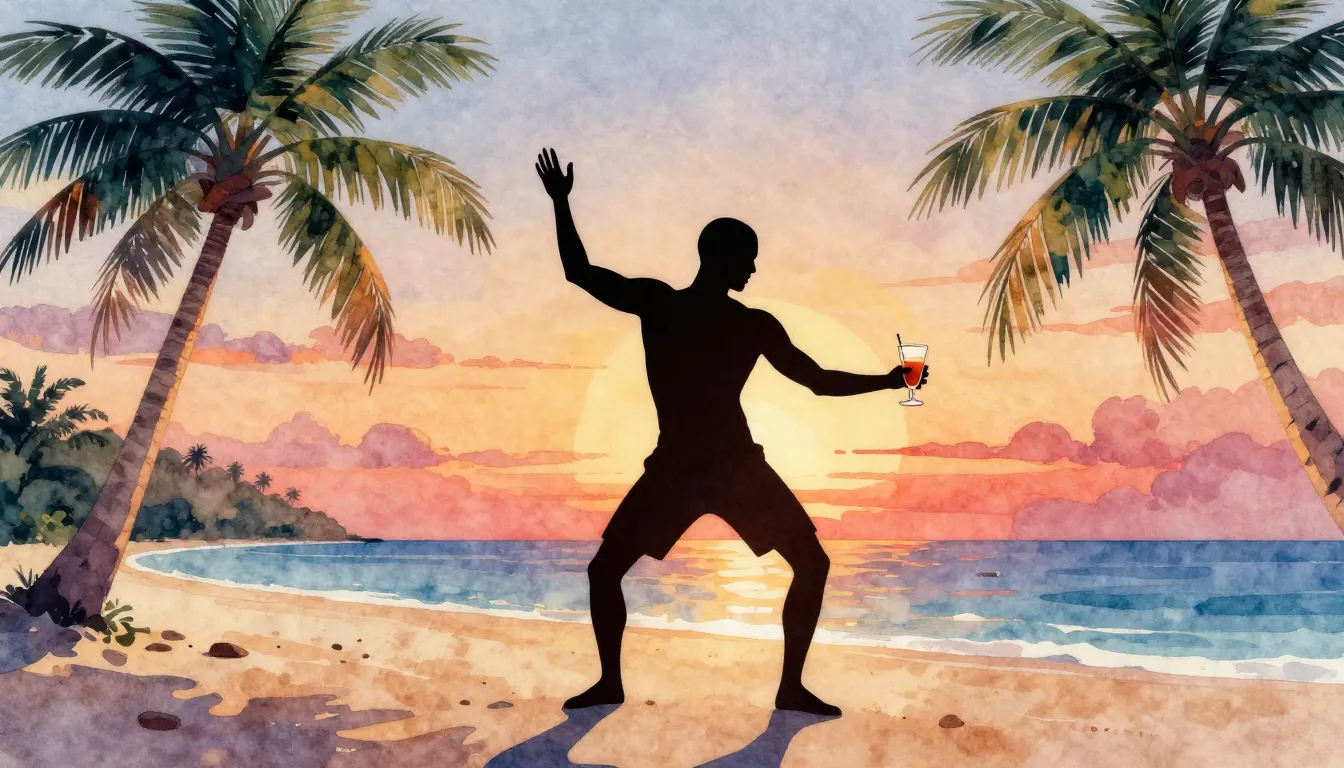 Watercolor style. A silhouette of a bald man dancing on a tr...