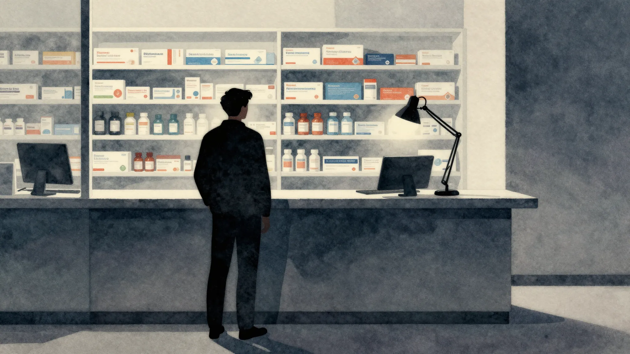 Watercolor style. A silhouette of a person stands behind a c...