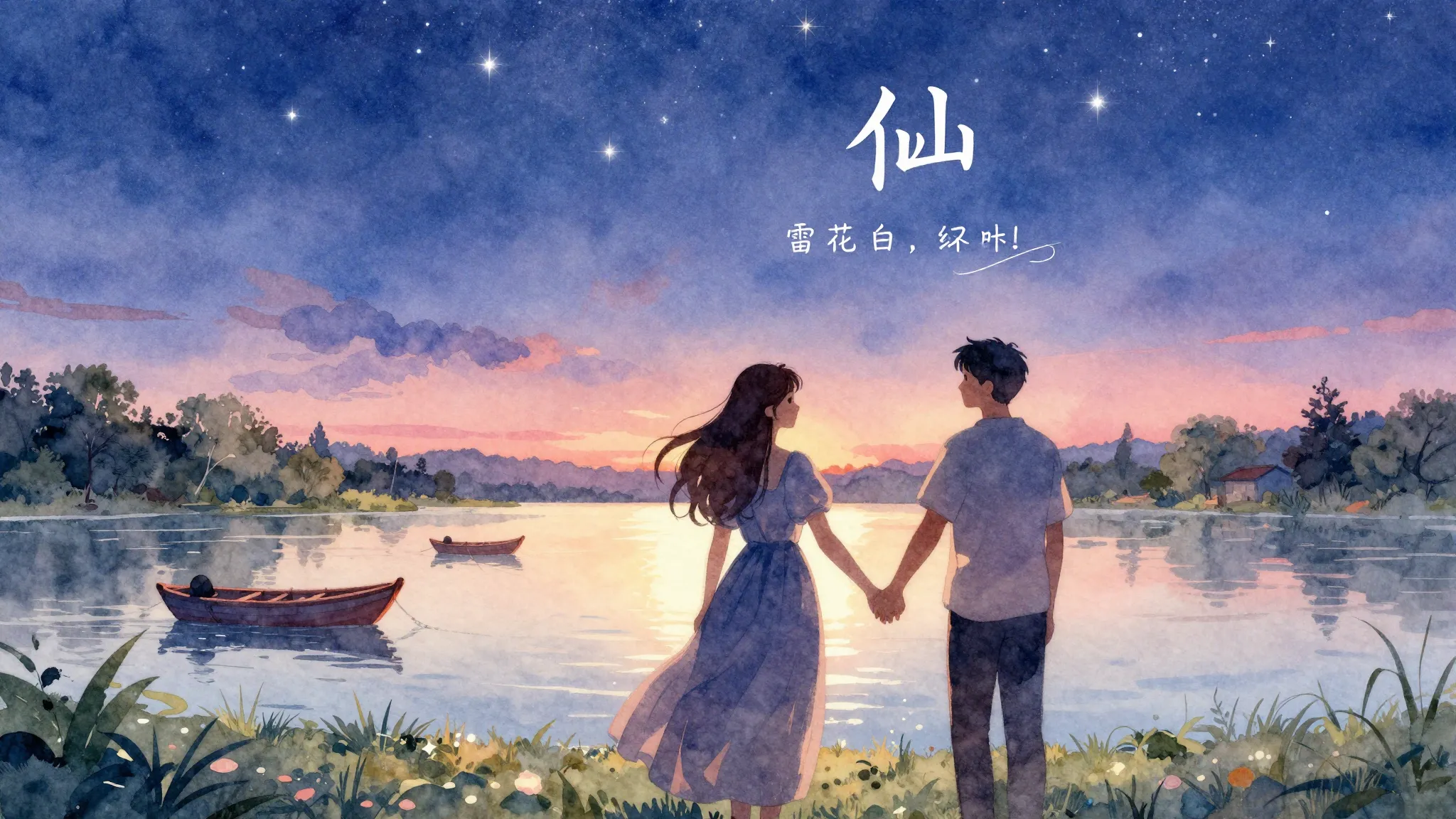 Vibrant watercolor style. Folk song cover art, romantic, ser...