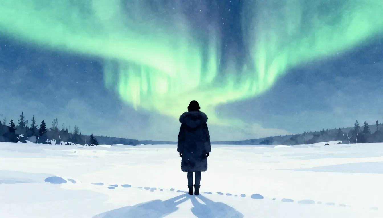 Watercolor style. A silhouette of a person in a heavy fur co...