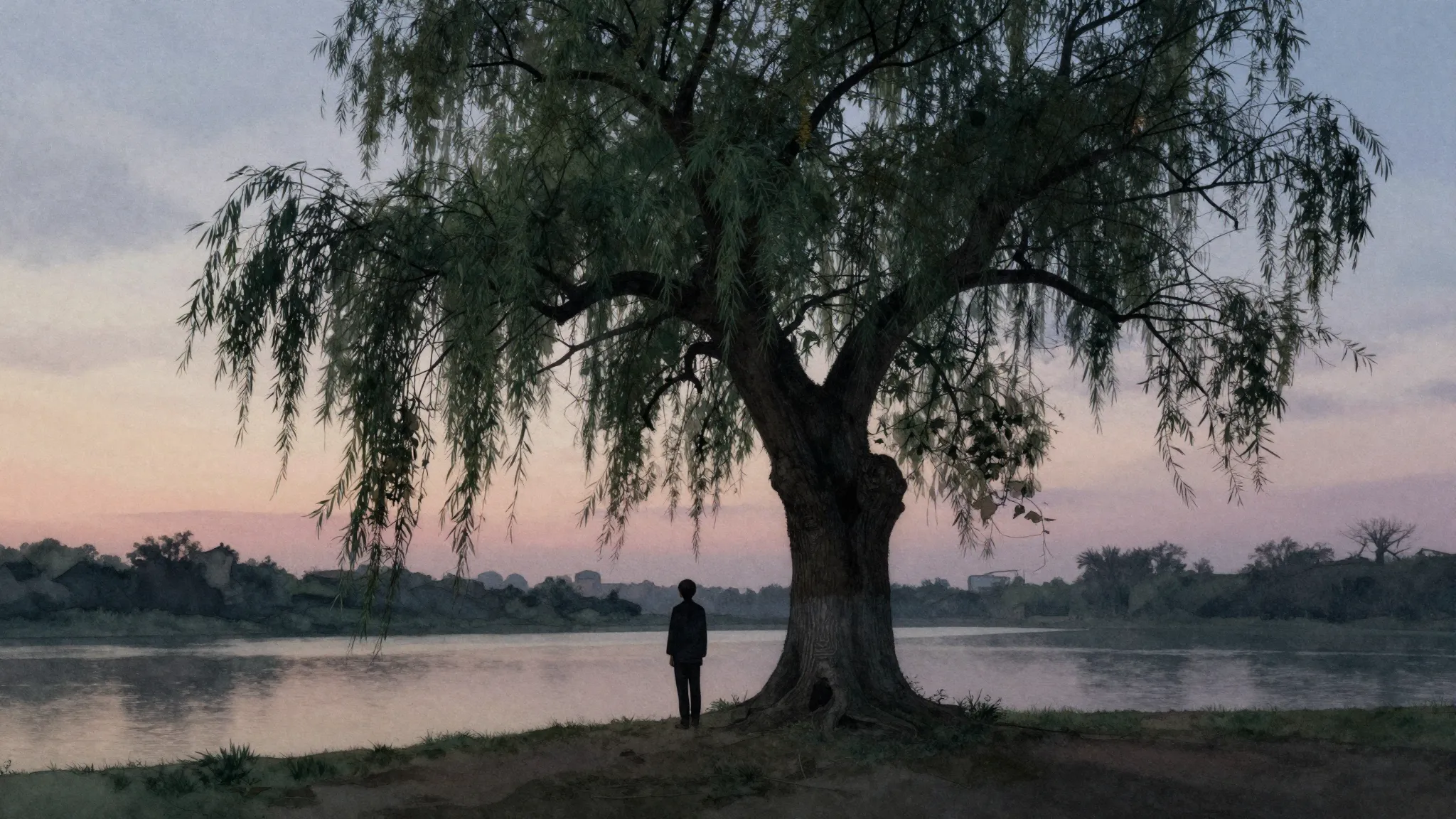 Watercolor style. A lonely silhouette of a person stands und...