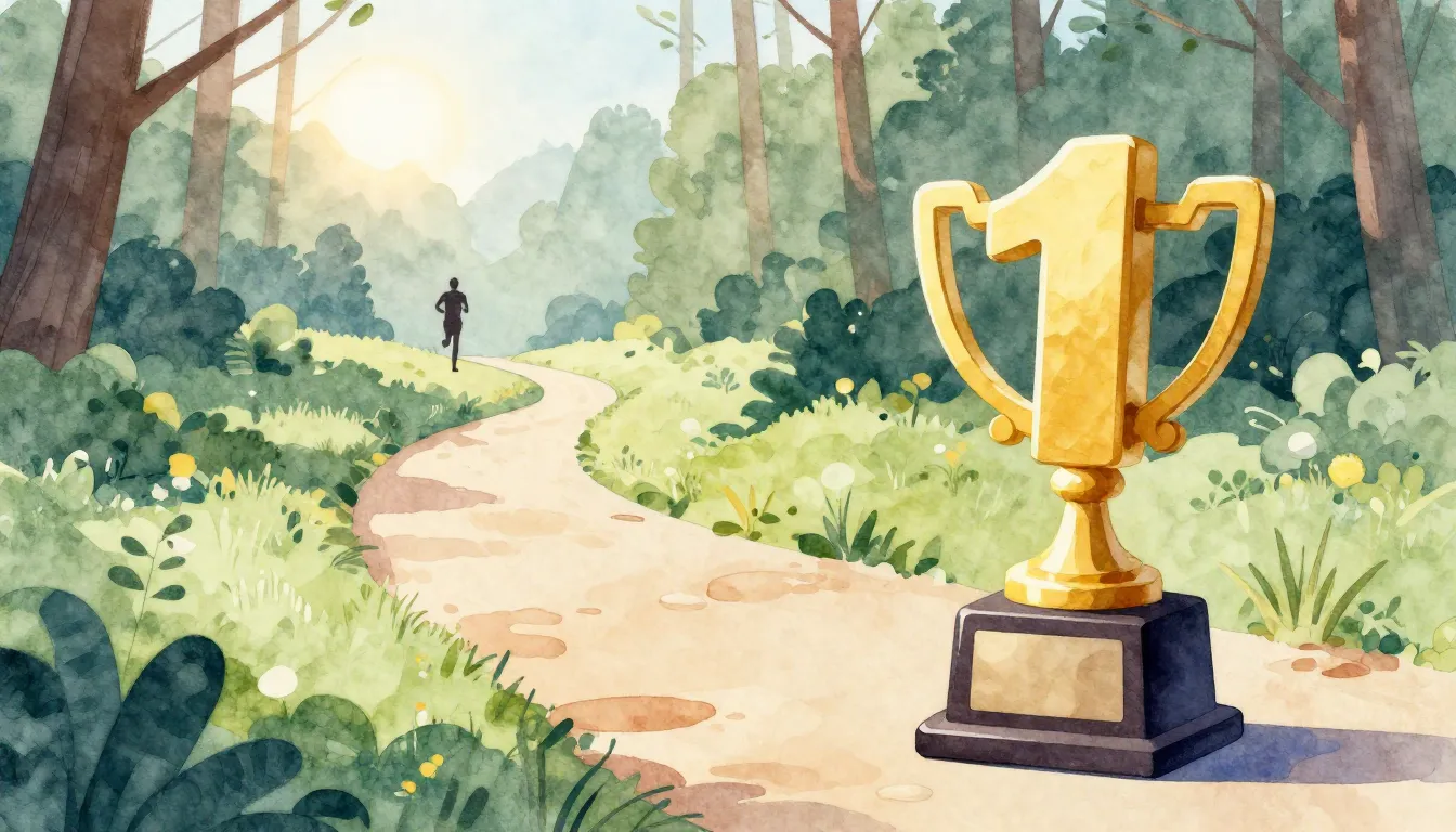 Watercolor style. A winding path leading to a golden trophy ...