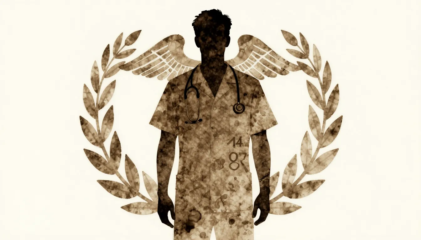 Watercolor style. A silhouette of a man in a medical uniform...