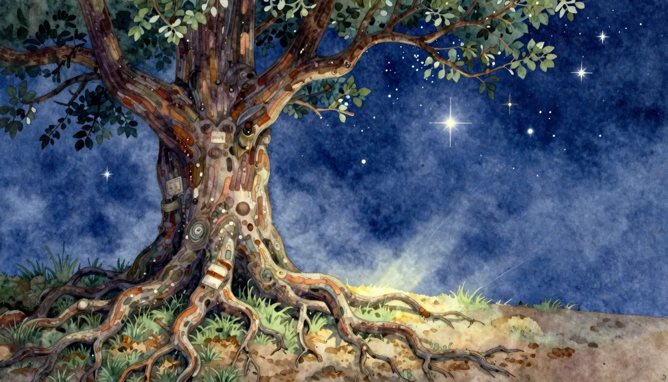 Vibrant watercolor style. A weathered, ancient tree with dee...