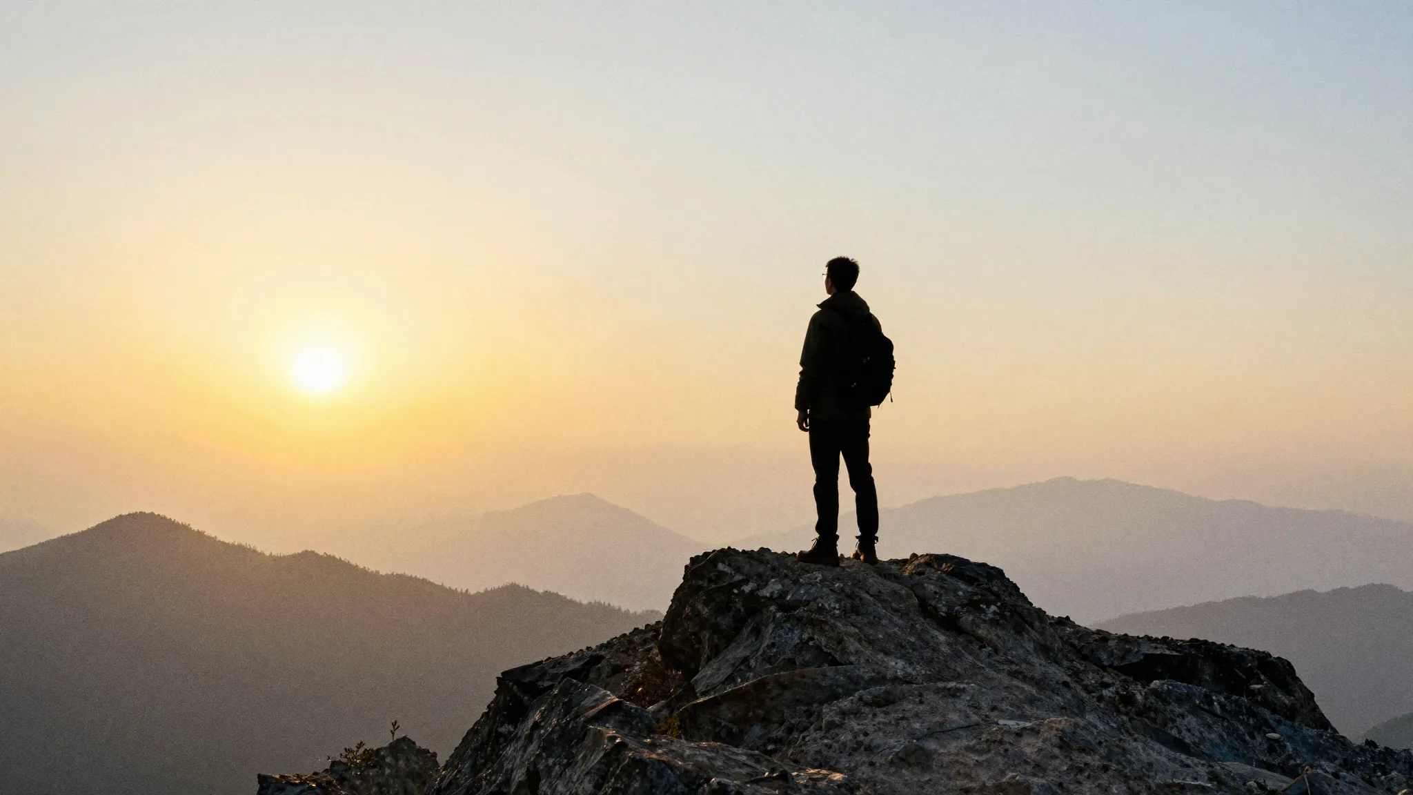 Watercolor style. A dark silhouette of a person standing on ...