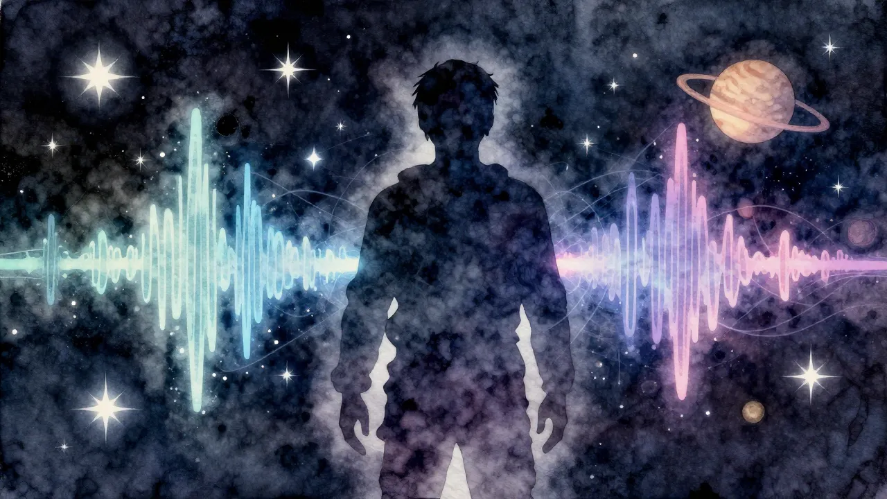 Watercolor style. Silhouette of a person in space, glowing s...