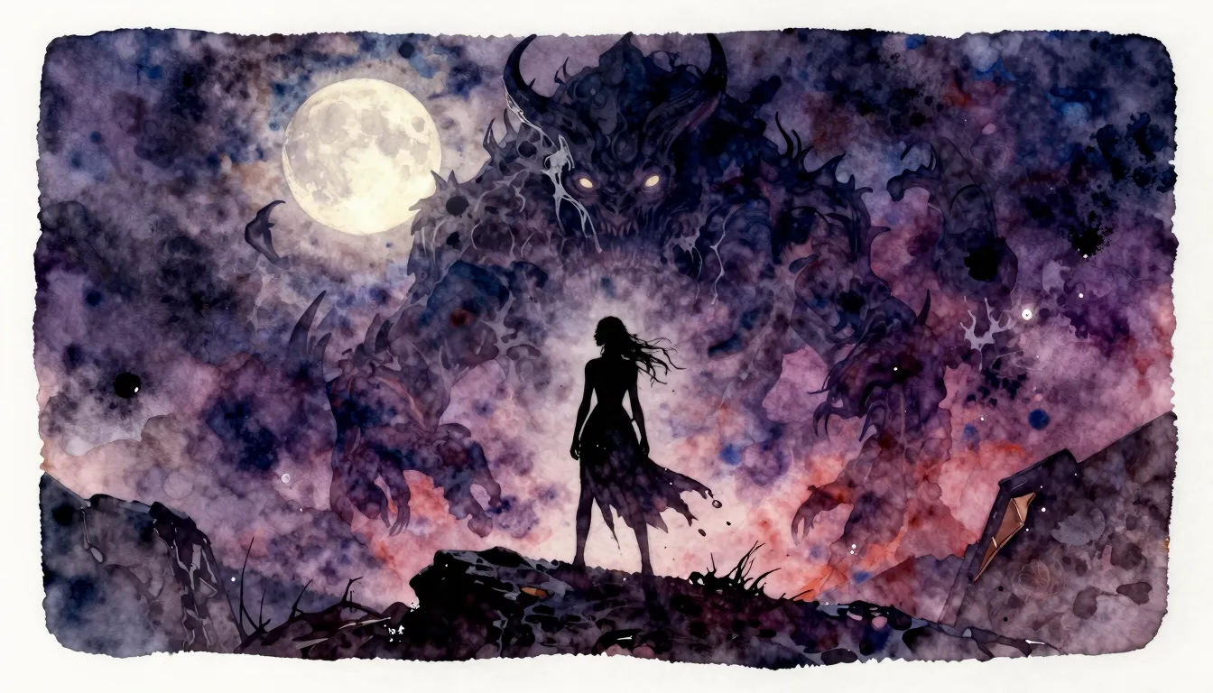 Vibrant watercolor style. Dark fantasy rock album cover. A l...