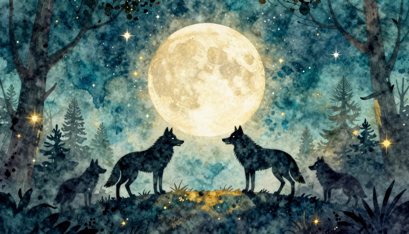 Watercolor style. Silhouettes of friendly wolves on a hill u...