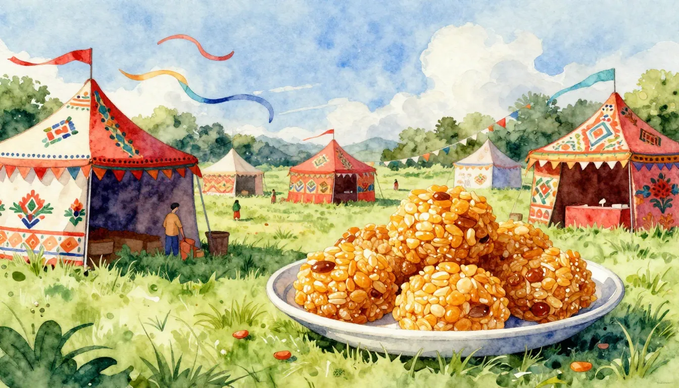 Watercolor style. Vibrant outdoor festival in a green field,...