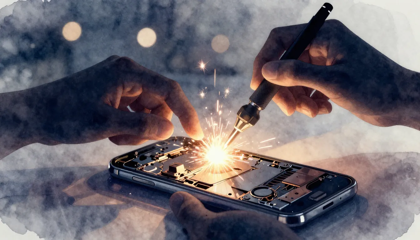 Watercolor style. A silhouette of hands working with a glowi...