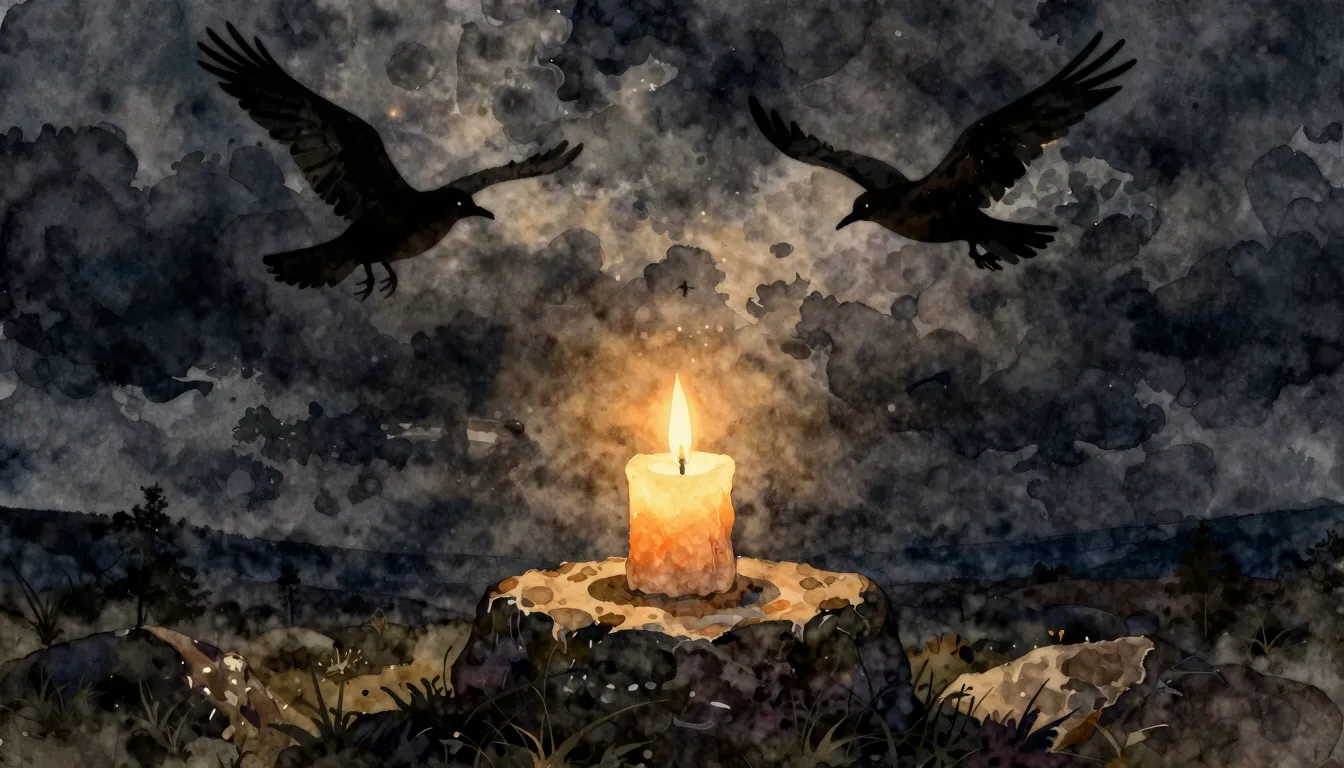 Watercolor style. A dark dramatic landscape with a single br...