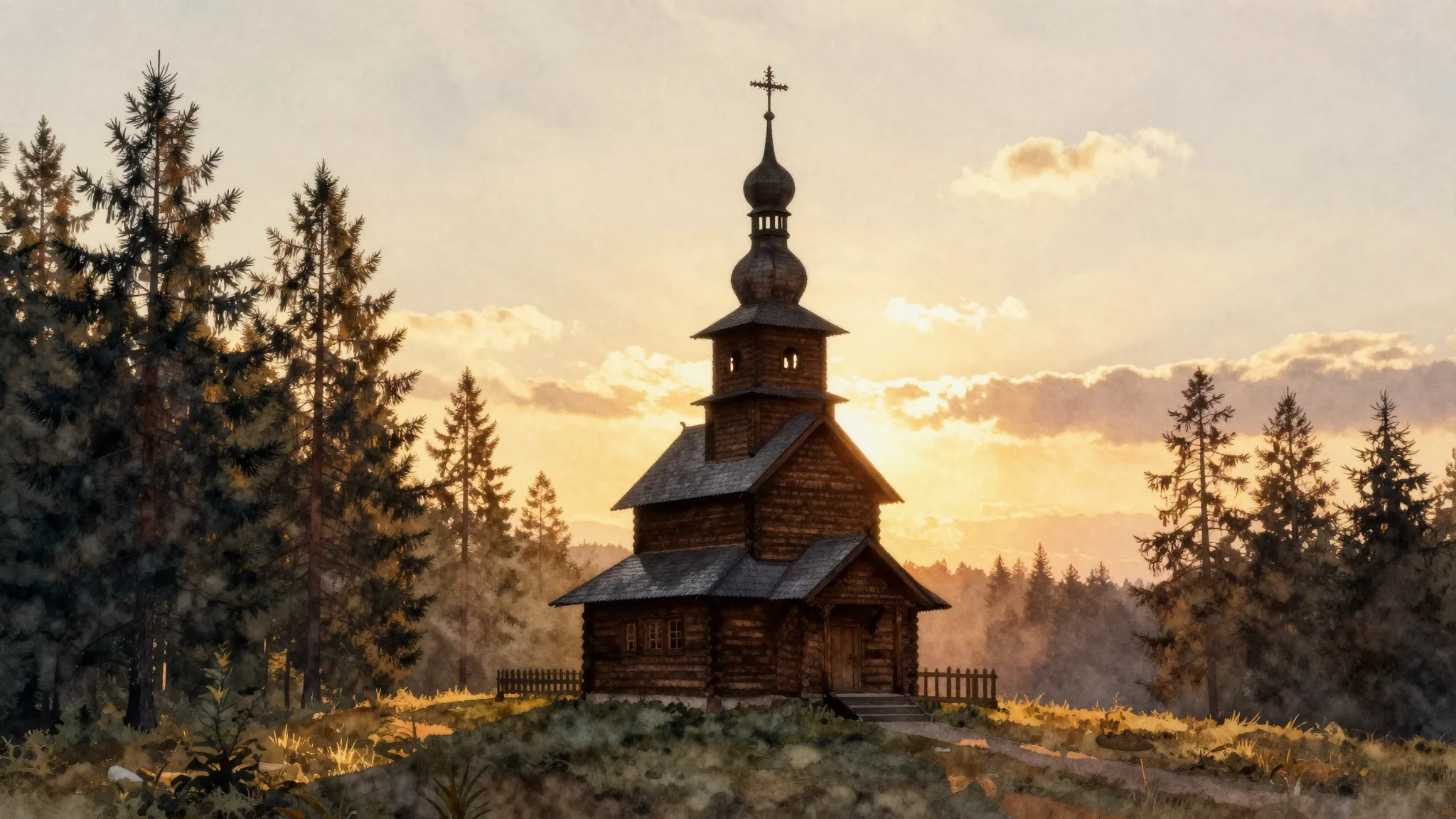 Watercolor style. A silhouette of an old wooden church on a ...