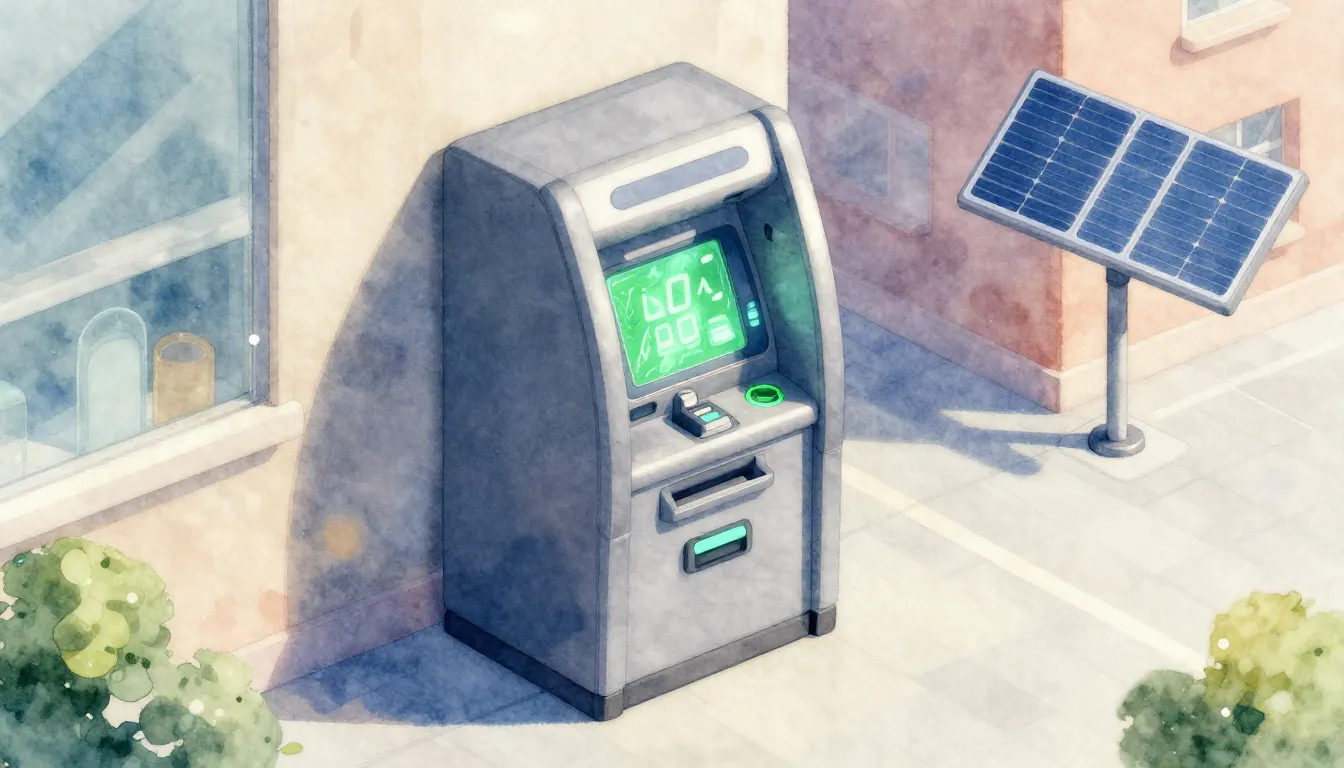 Watercolor style. Futuristic solar-powered ATM in a sunny ur...
