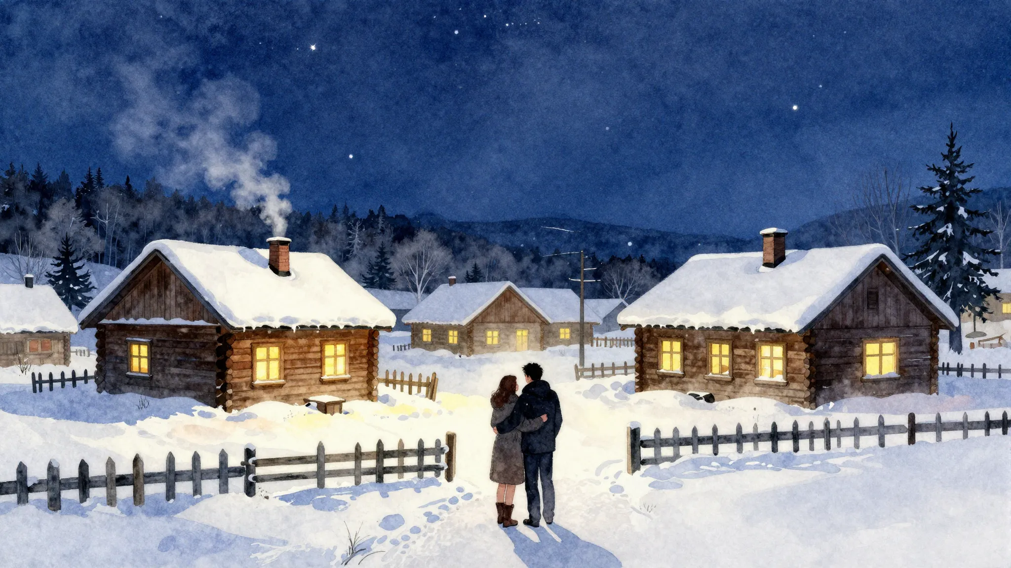 Watercolor style. Winter village landscape, deep snow, cozy ...