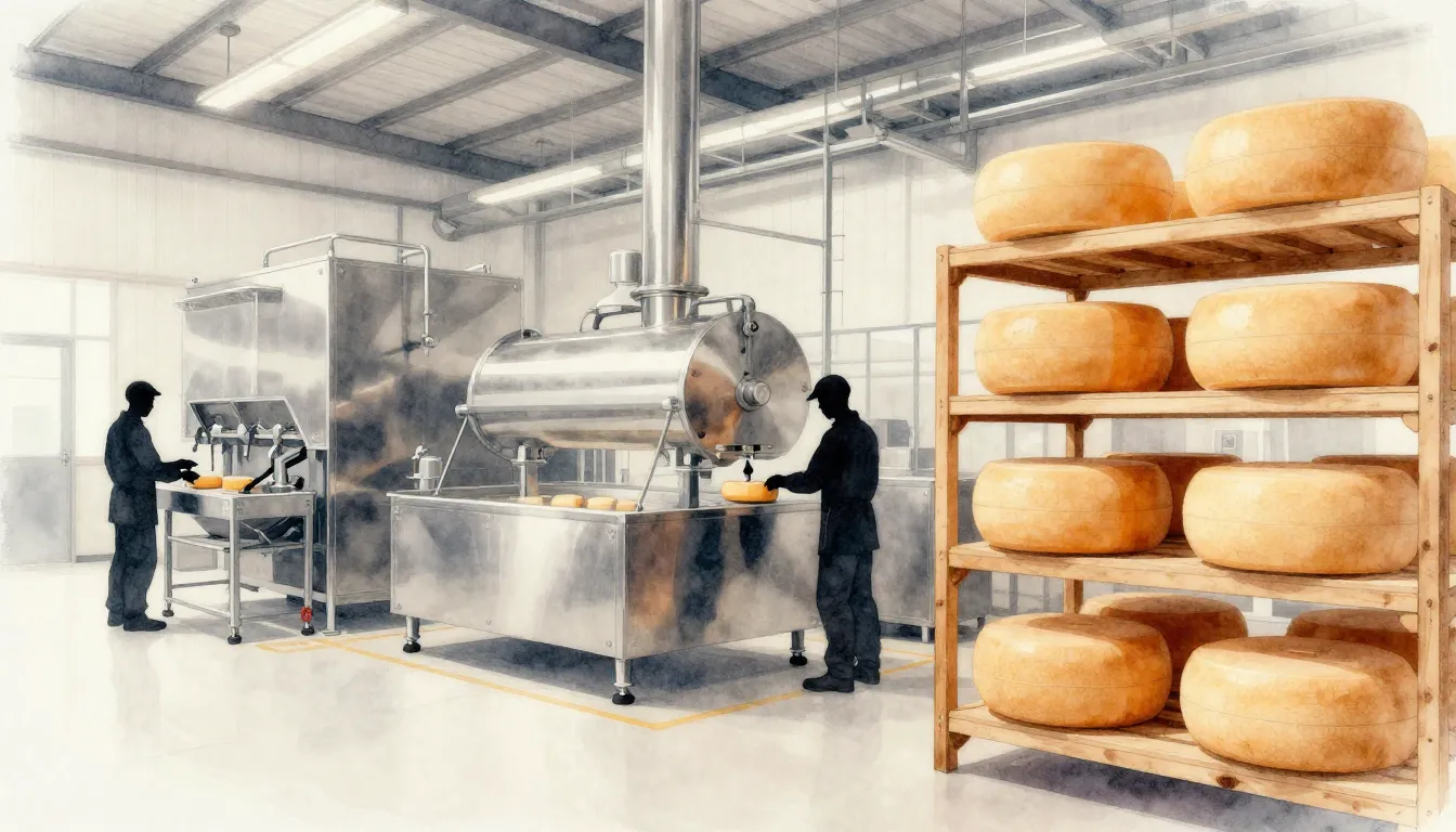 Watercolor style. Modern cheese production facility, stainle...