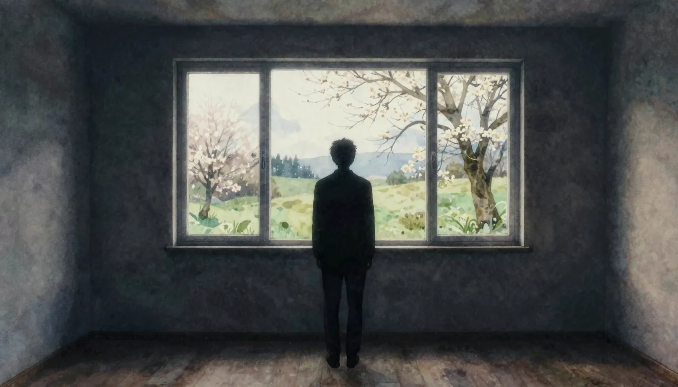 Watercolor style. A lonely silhouette standing by a cold win...