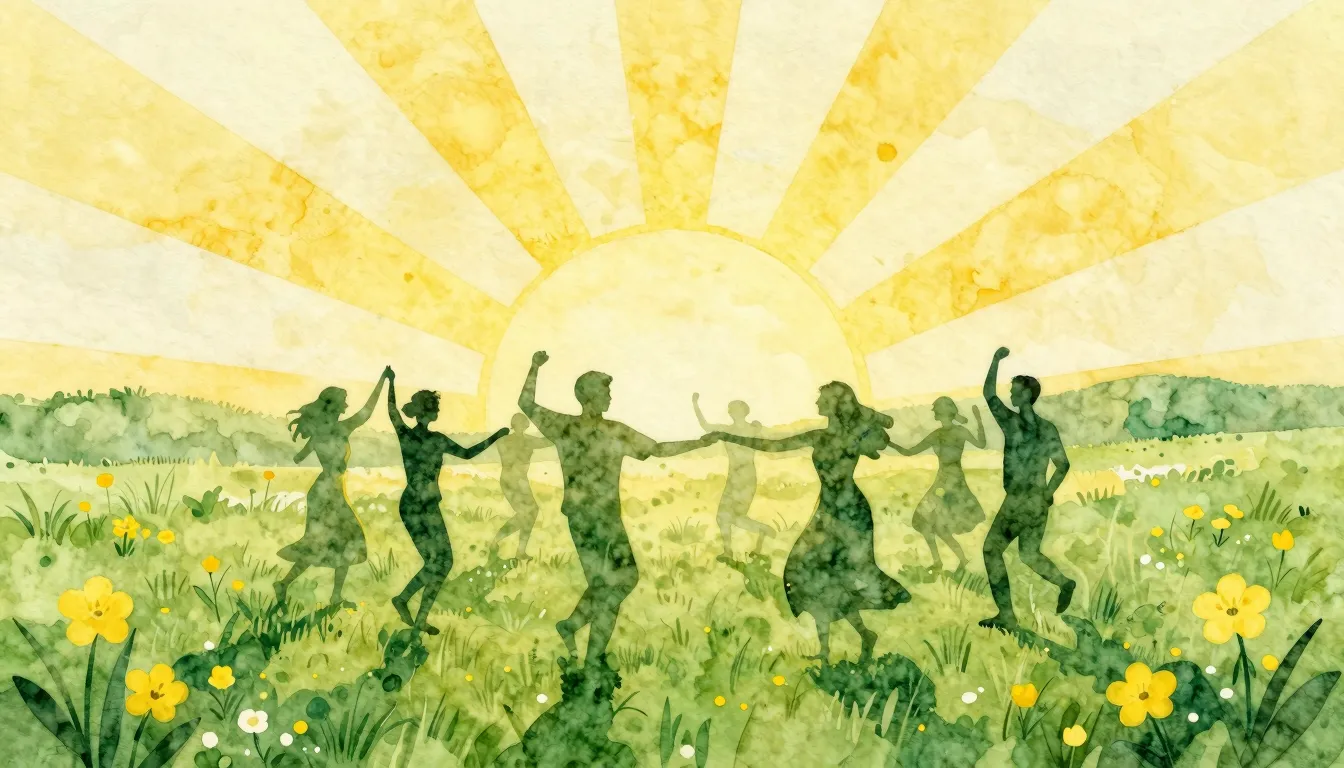 Watercolor style. Golden sun rays over a green meadow, silho...