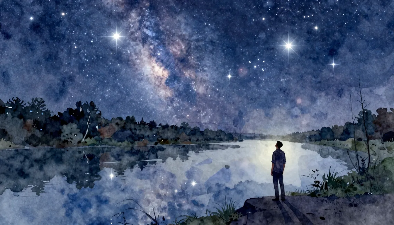 Watercolor style. Night landscape, a calm river reflecting a...