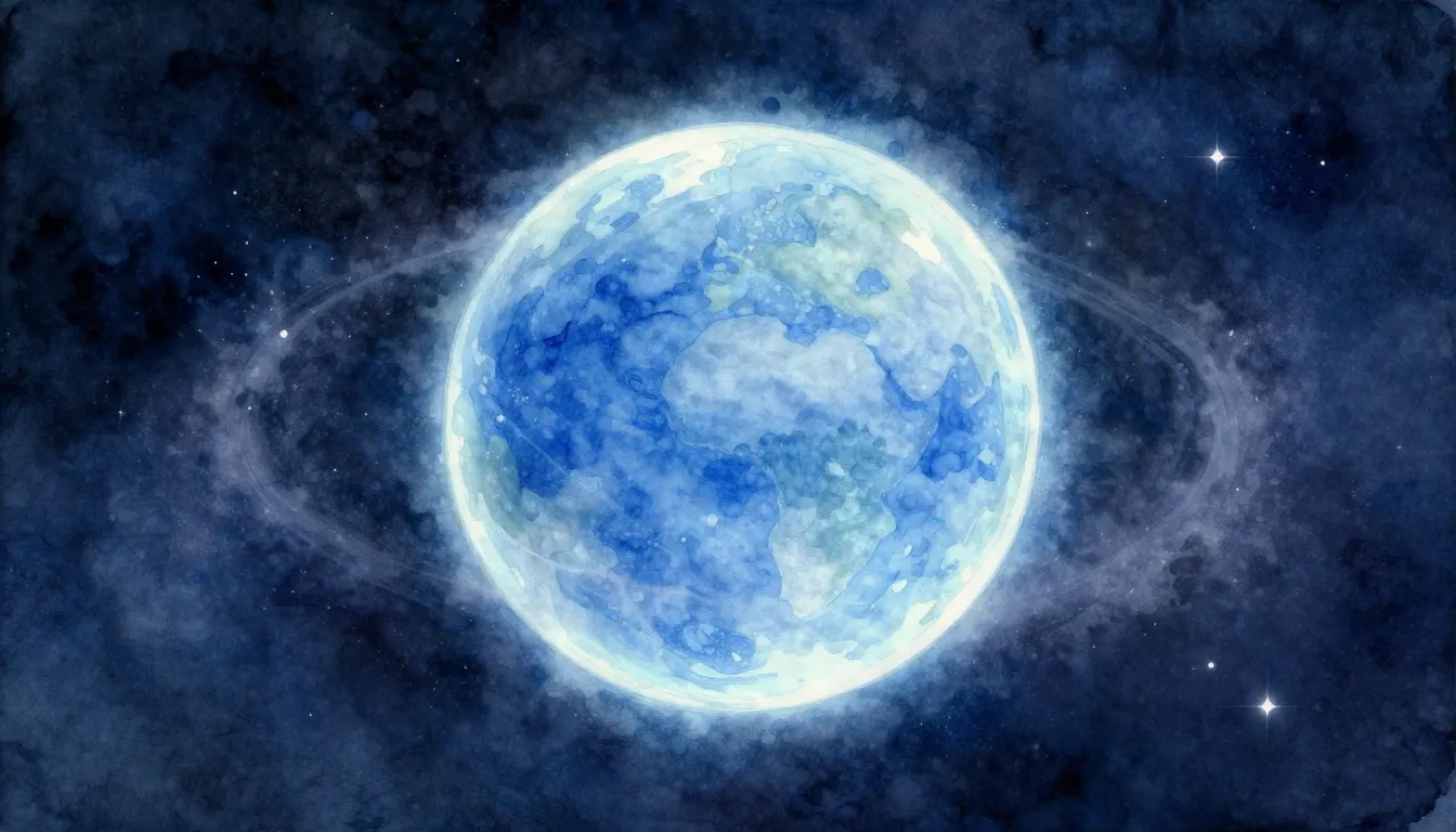 Watercolor style. A glowing blue planet viewed from space, s...
