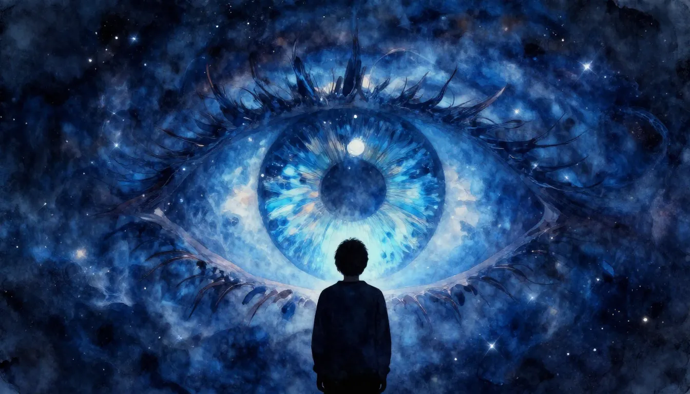 Watercolor style. A silhouette of a person looking into a va...