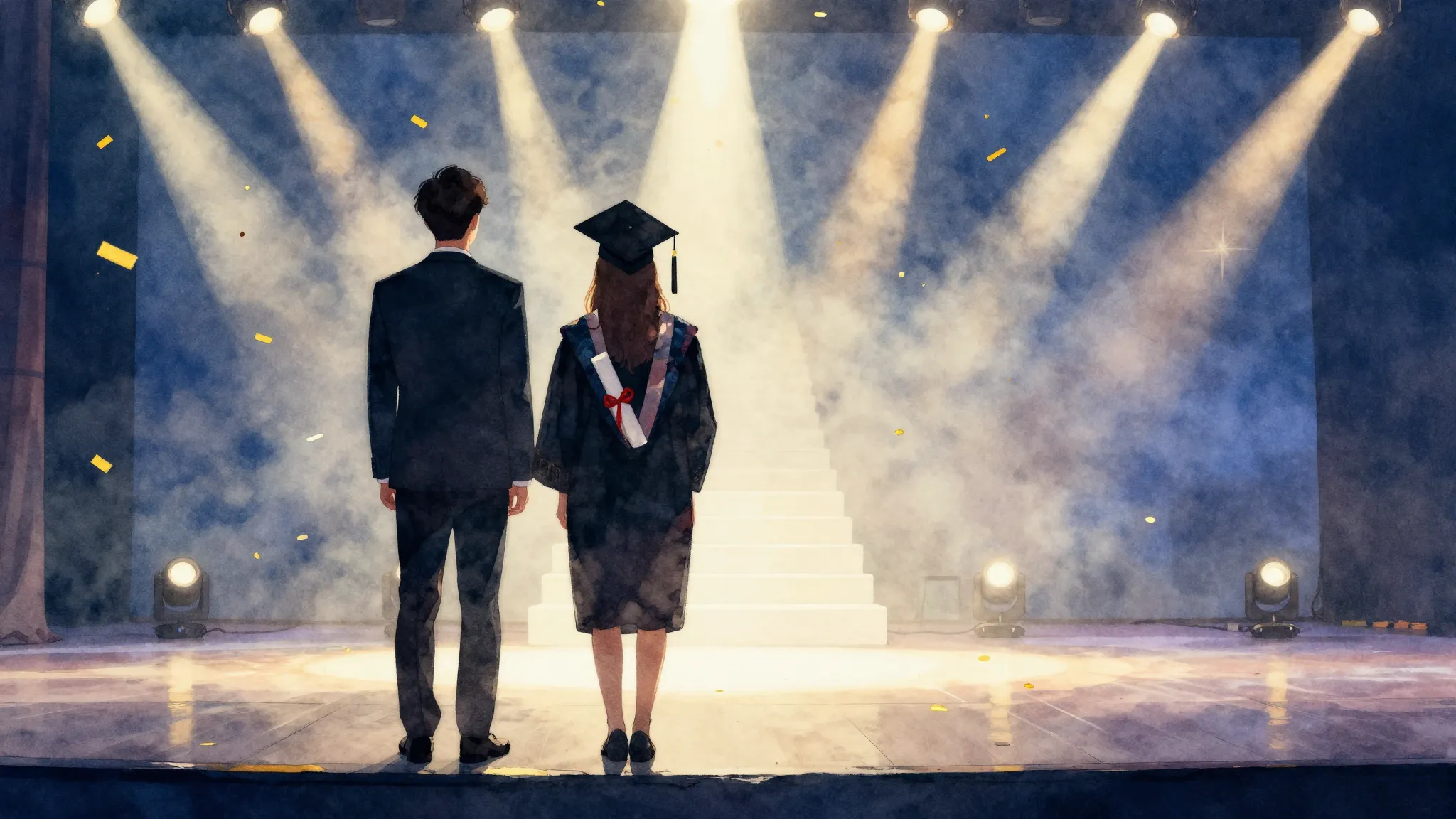 Watercolor style. Silhouettes of two graduates, a young man ...