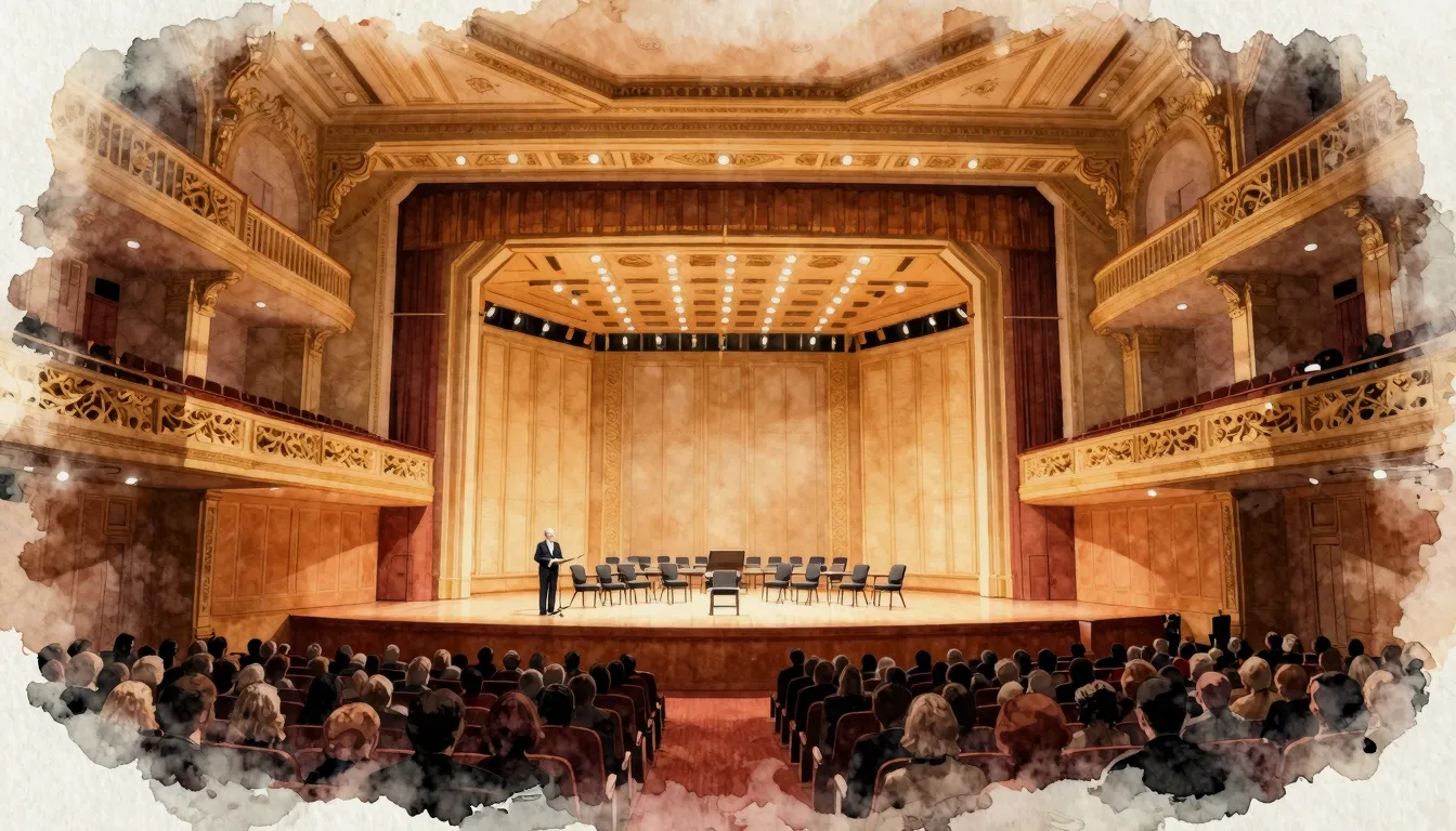 Watercolor style. A grand concert hall interior with a stage...