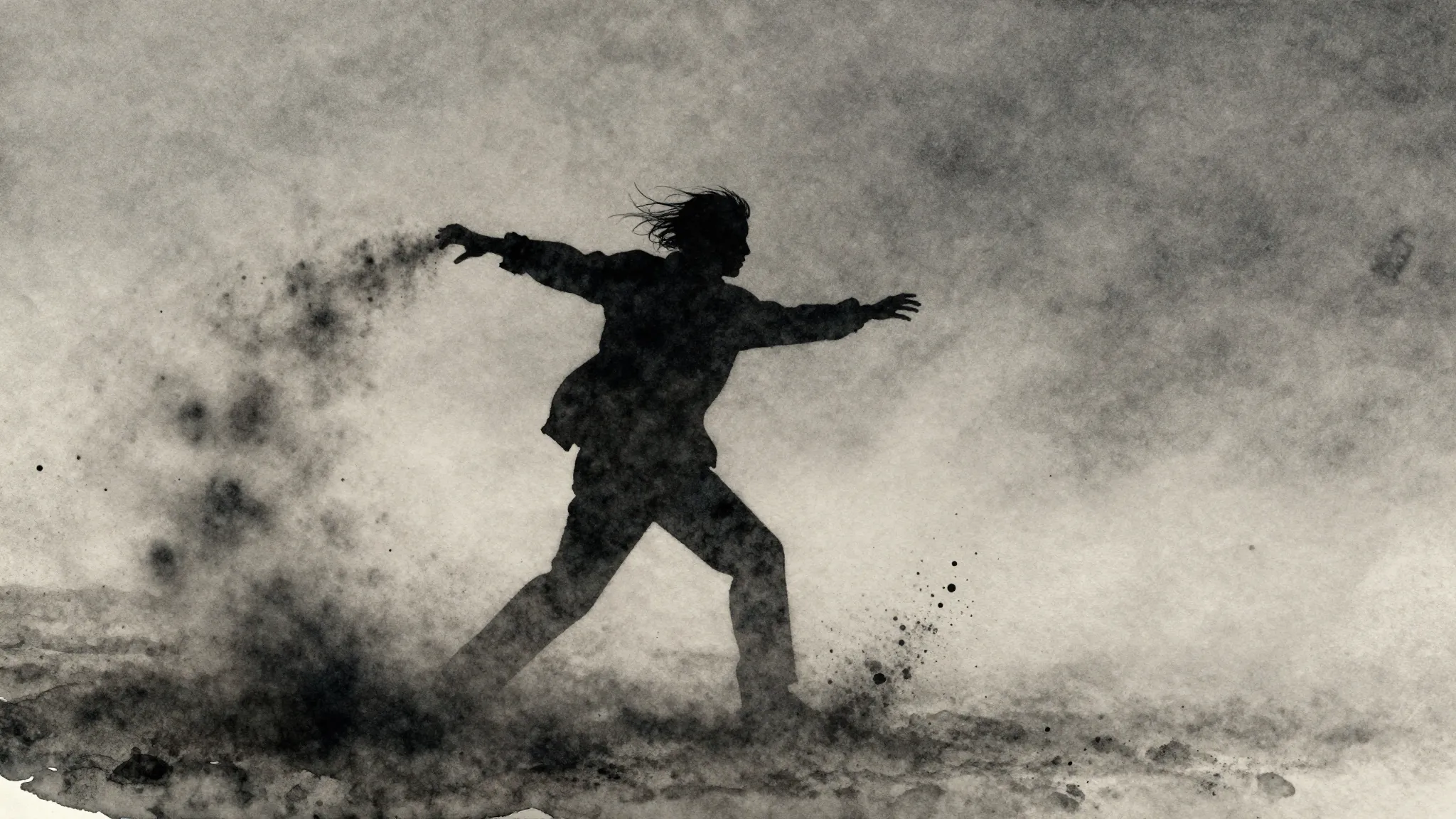 Watercolor style. A dark silhouette of a figure releasing du...