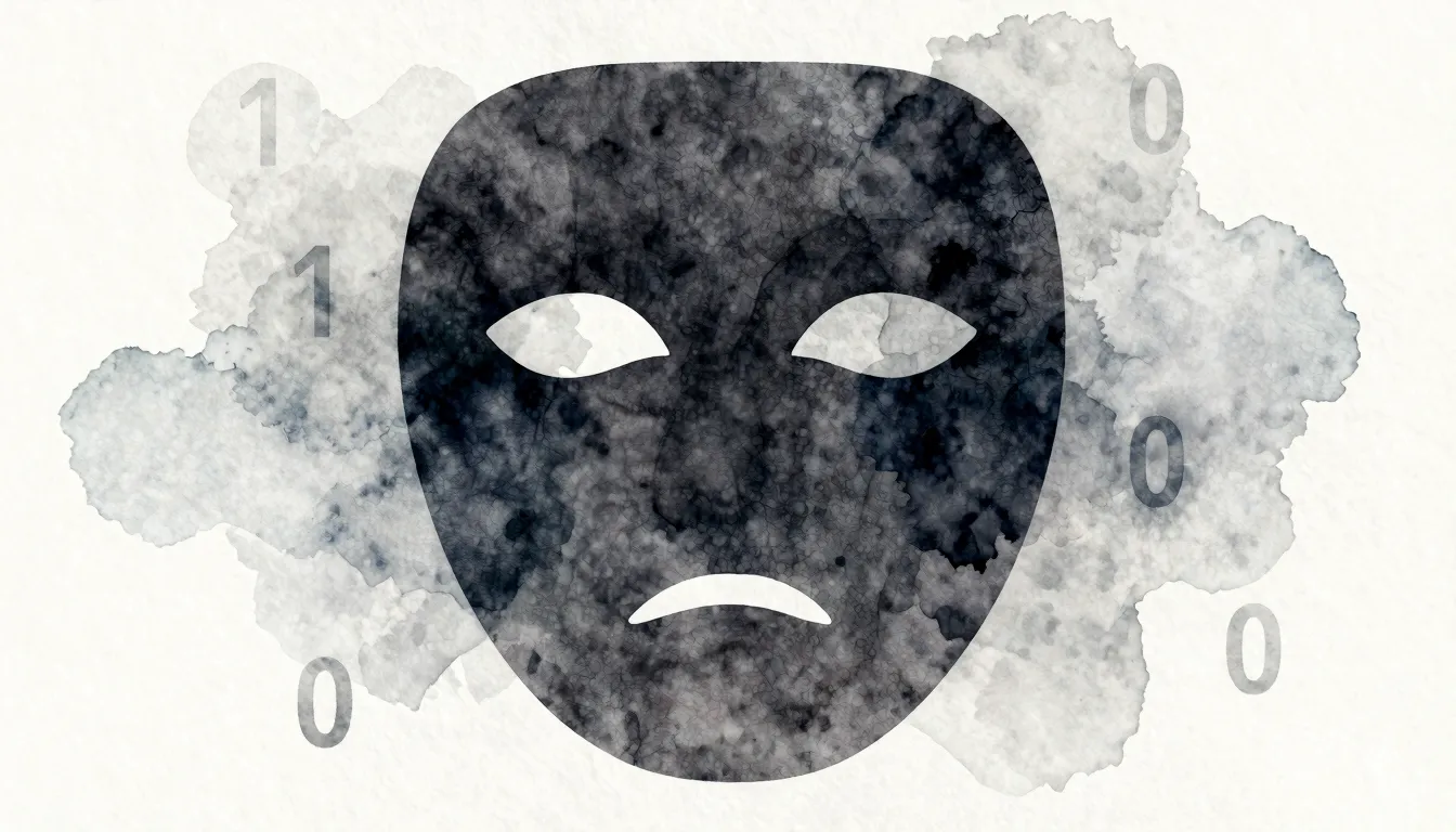 Watercolor style. Dark silhouette of a two-faced mask fading...