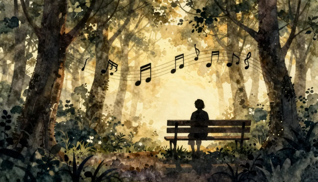 Watercolor style. A glowing warm light in a dark spring fore...