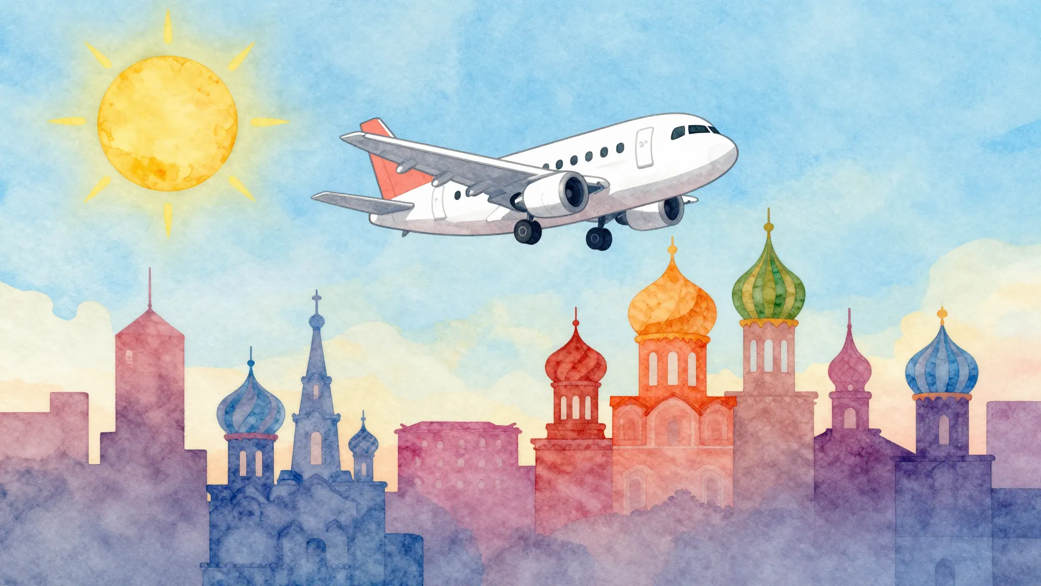 Watercolor style. A cartoon-style airplane flying over a sty...
