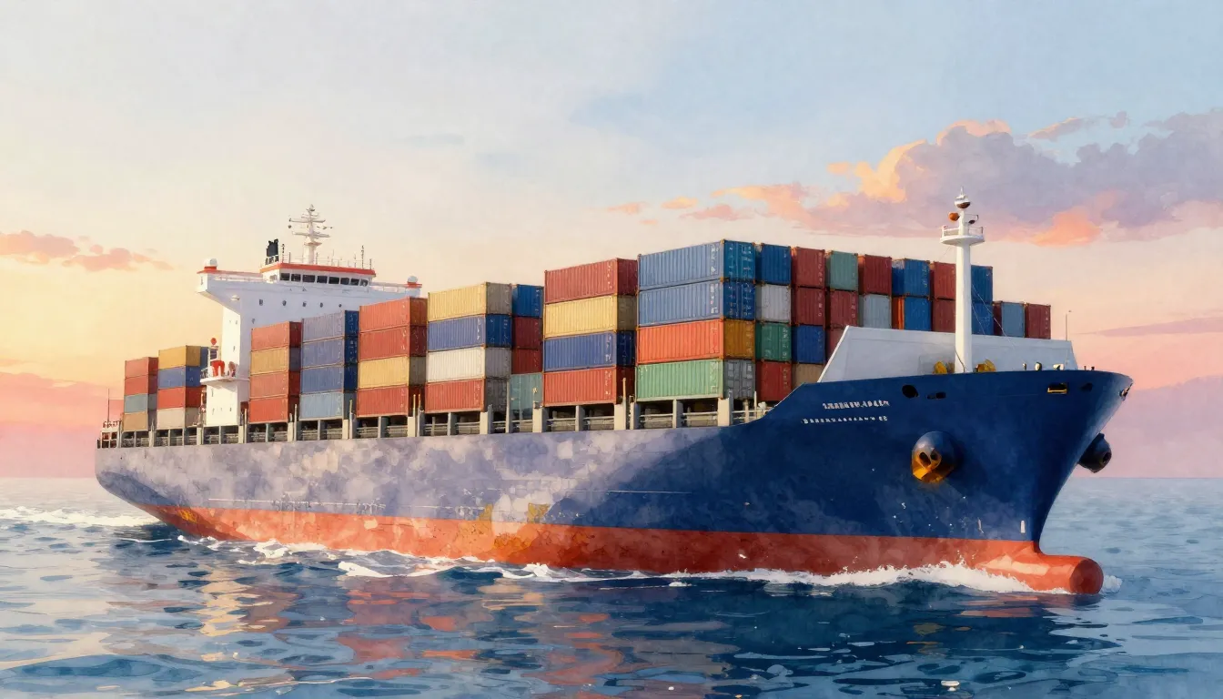 Watercolor style. A large modern cargo ship carrying colorfu...