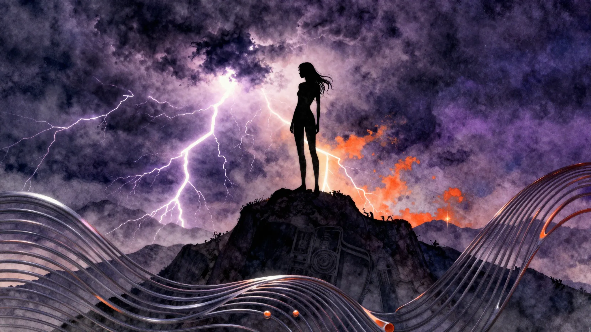 Watercolor style. Silhouette of a slim woman standing on a h...