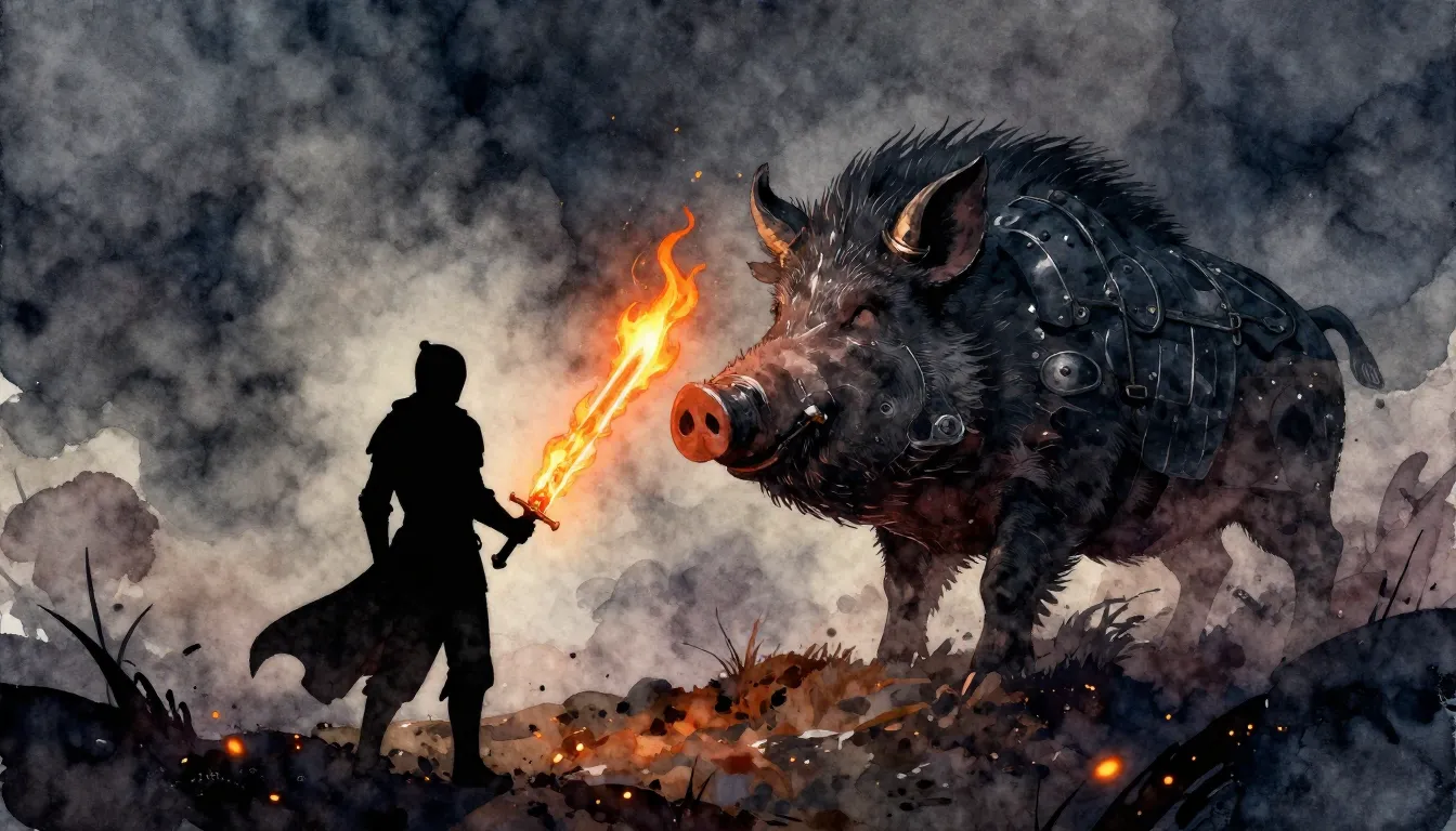 Watercolor style. Silhouette of a knight with a flaming swor...