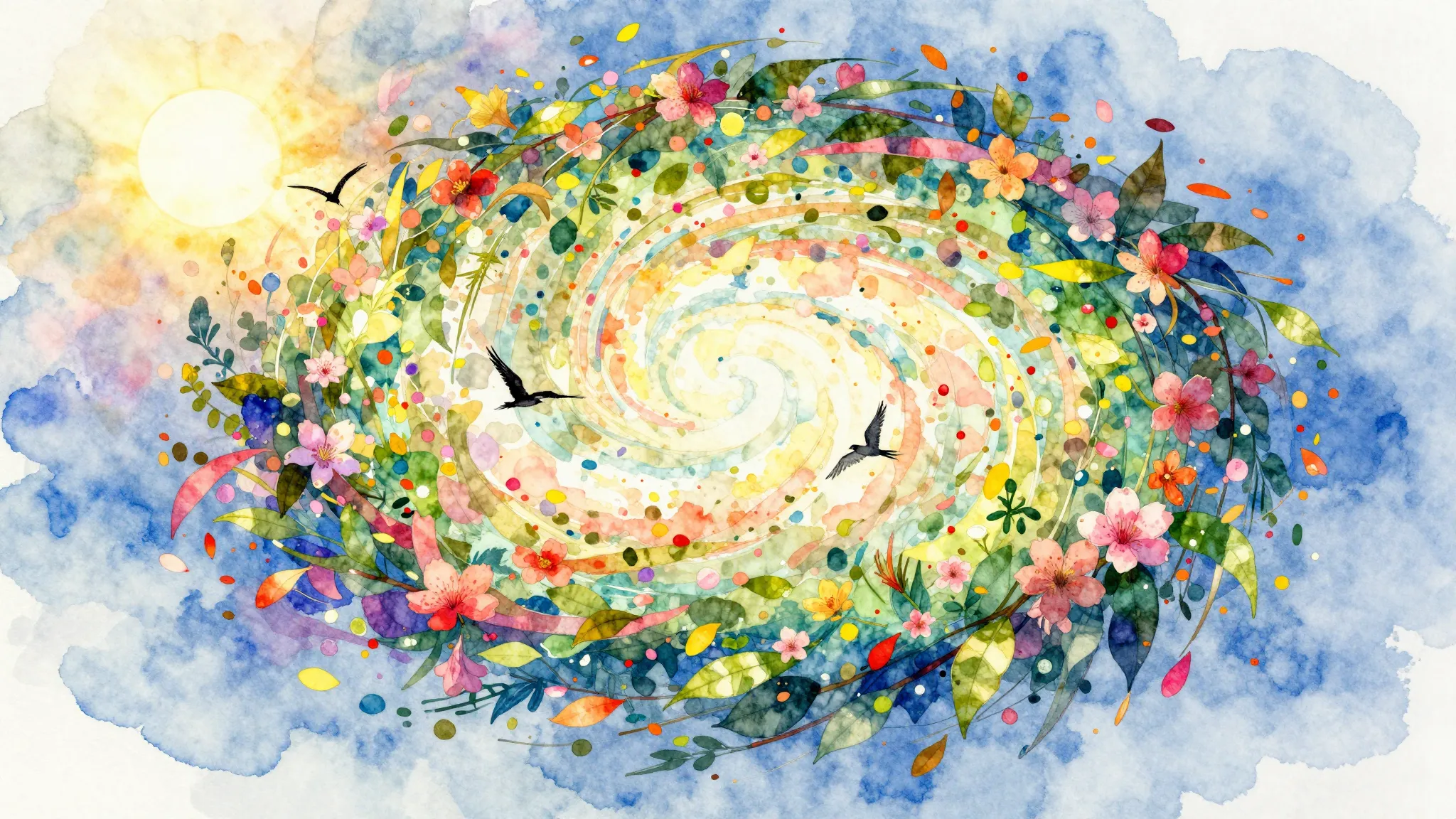 Watercolor style. A vibrant, swirling vortex of colorful lea...